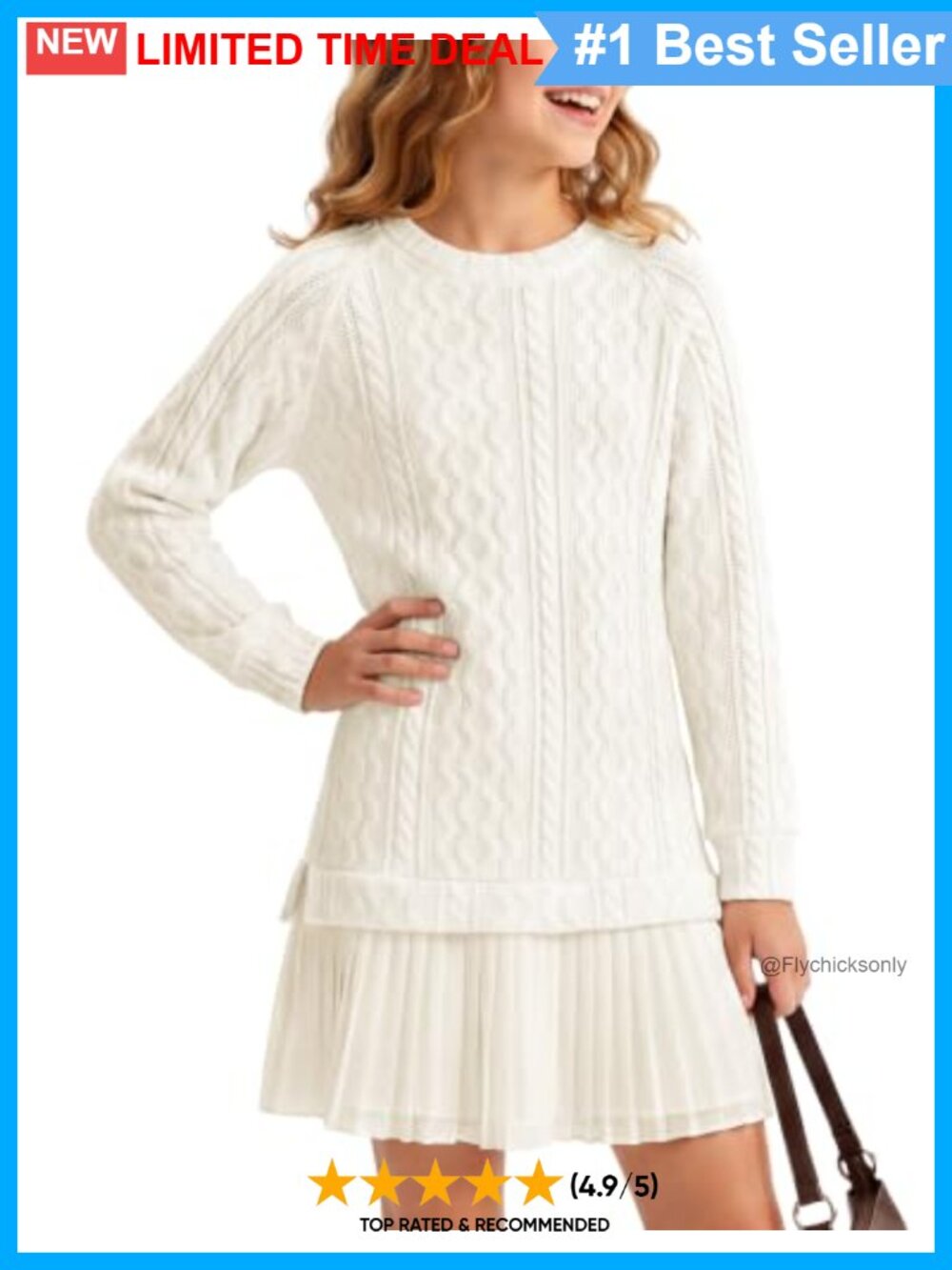 Girls Cable Knit Twofer Pleated Long Sleeve Dress